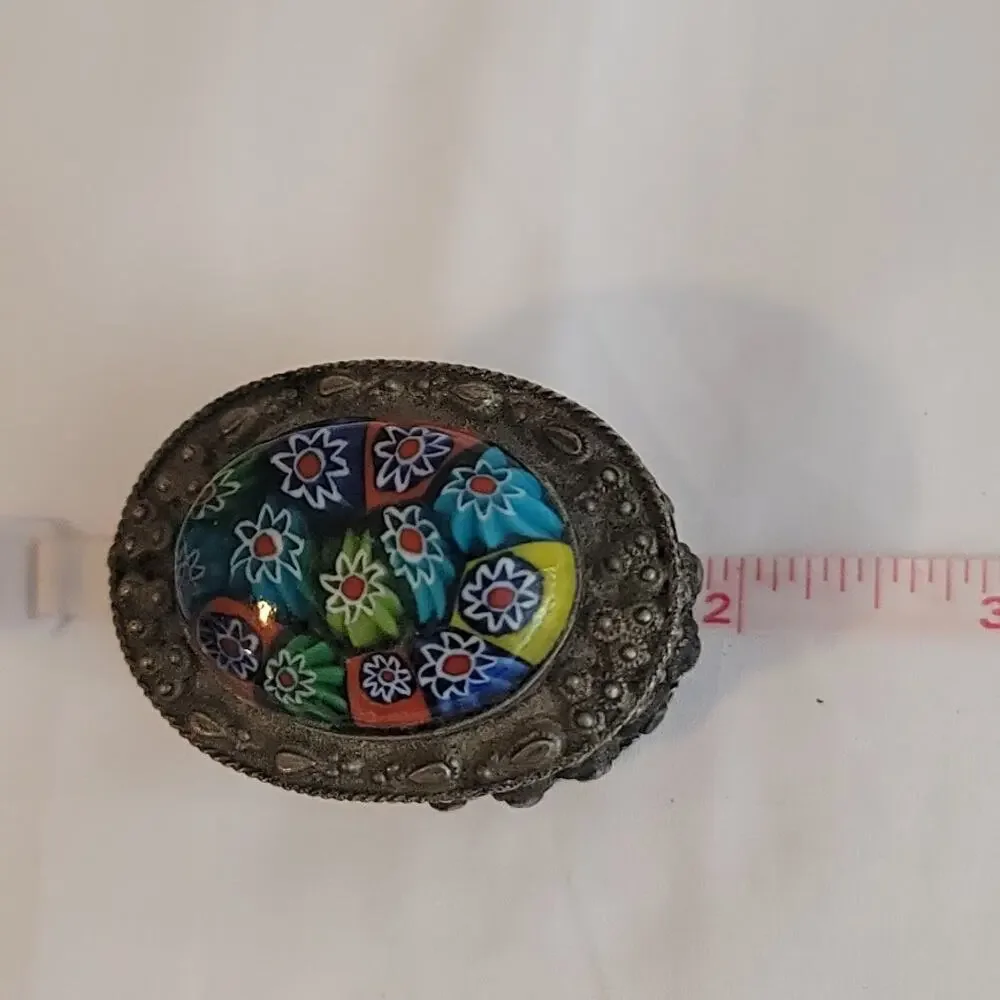 Vintage mini millefiori glass silverplate Lined metal trinket stash pill box 2